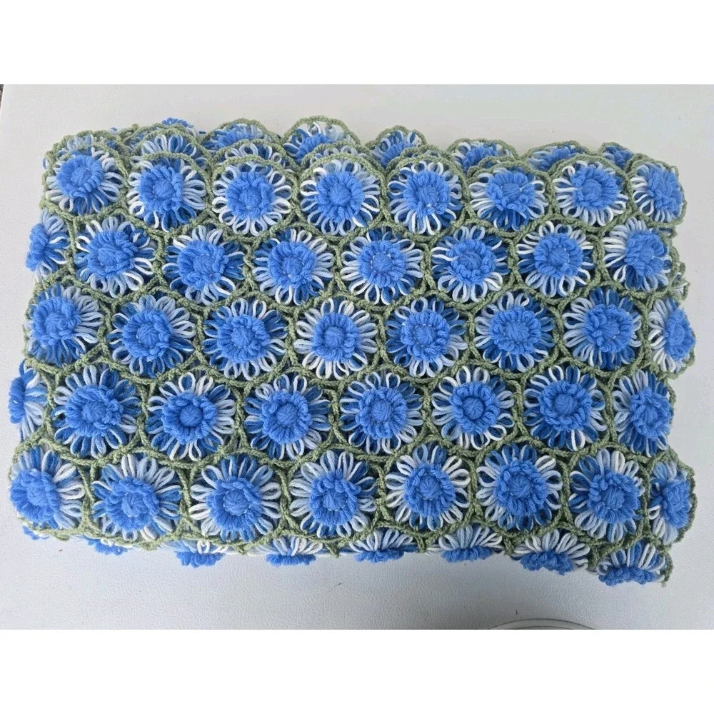 Vtg Hand Crocheted Granny Raised Floral Afghan Blanket Blue Green Large Throw